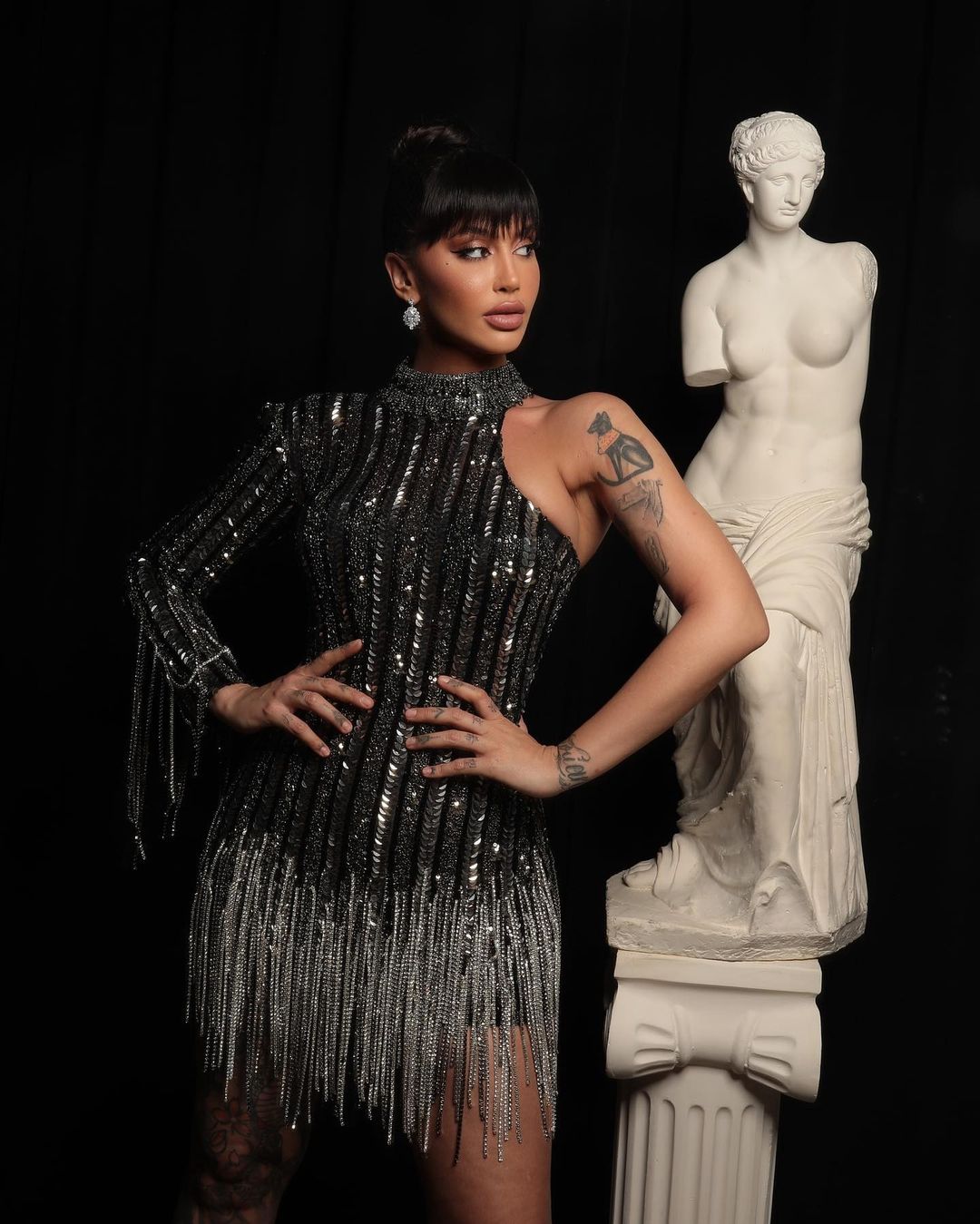 Dafina Zeqiri-High Neck Mini Fringe Dress