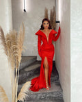 Plunging V Neck Red Satin Dress
