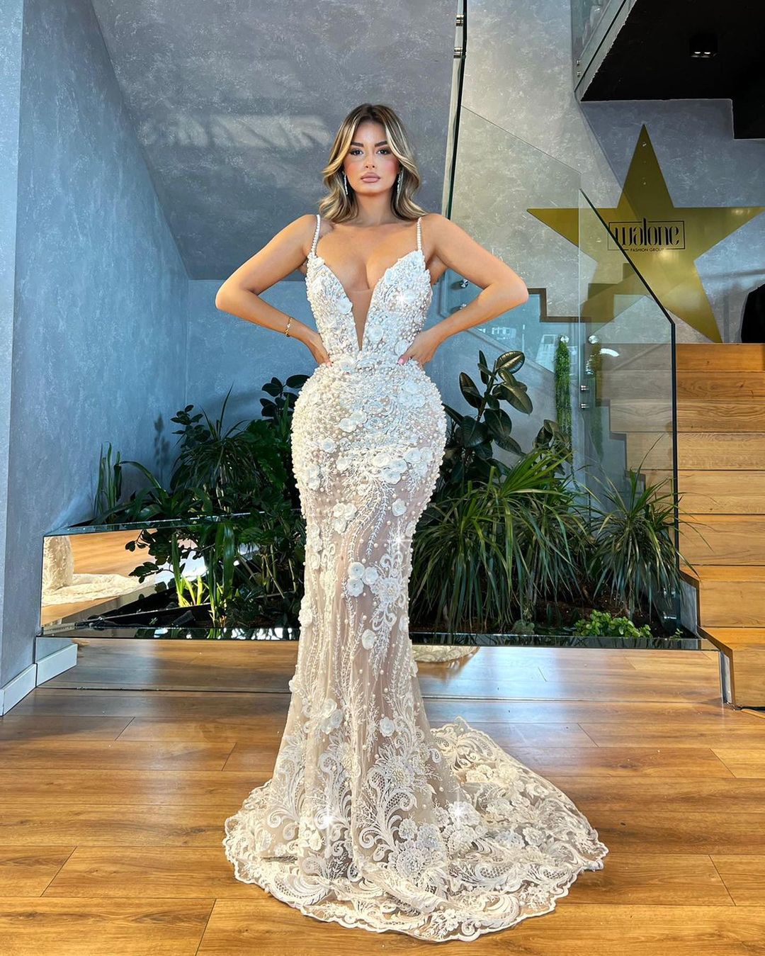 Plunging Neckline Bridal Dress with Floral Lace