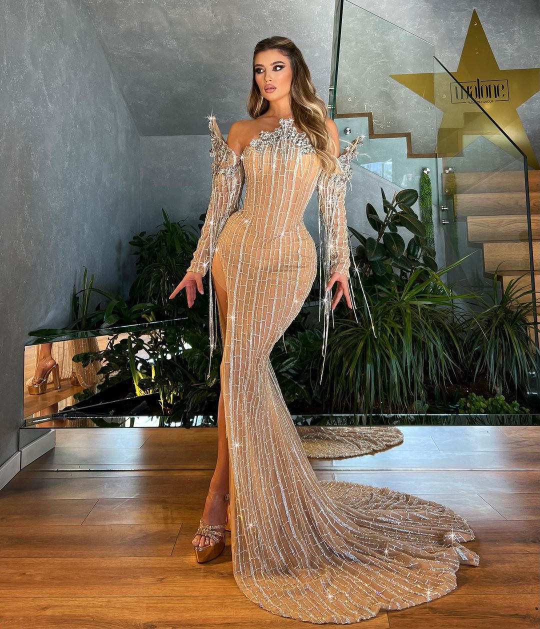 Silver Linear Embellished Dress with Side Slit