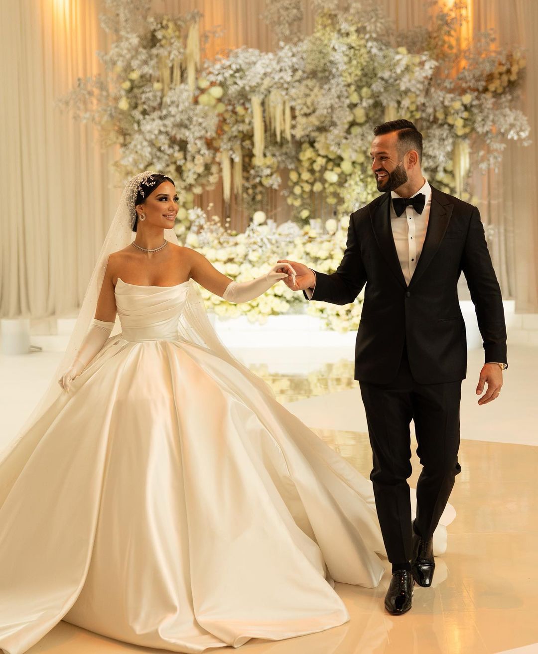 Strapless Satin Ball Gown with Gloves & Veil