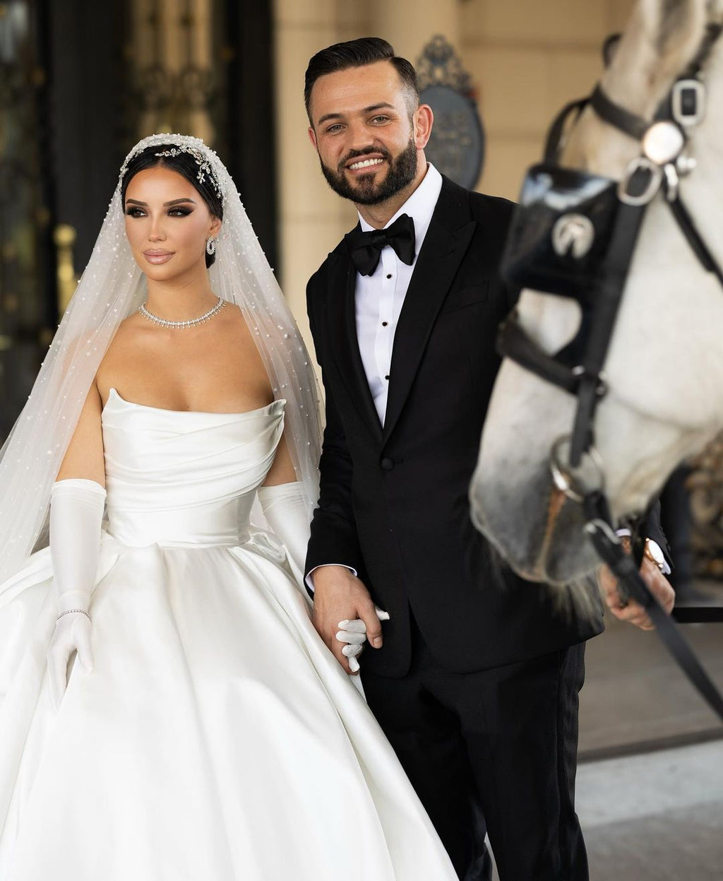 Strapless Satin Ball Gown with Gloves & Veil