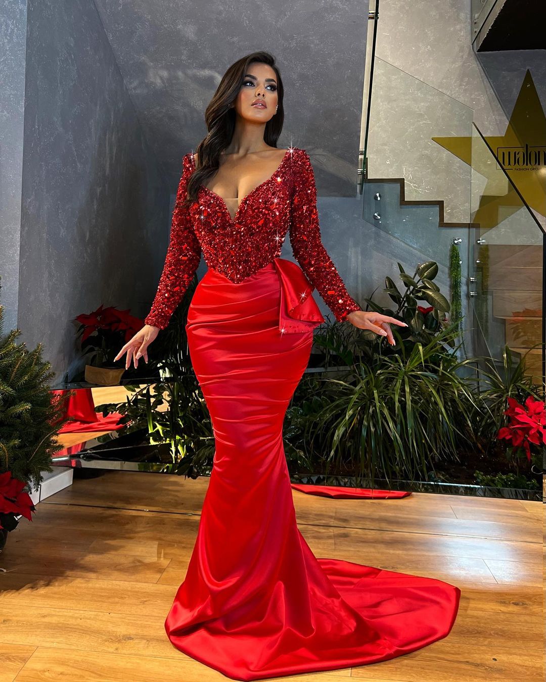 Red Embellished Top with Satin Skirt