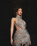Short Halter Silver Embellished Dress