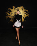 High Neck Short Black Dress with Glitter Ribbon Trim Details