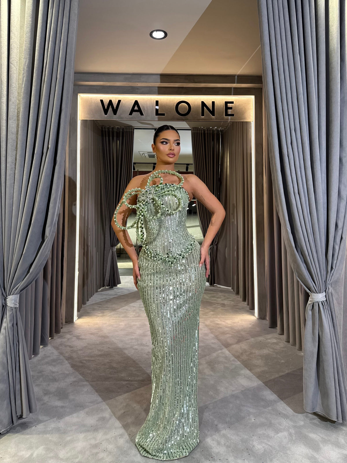 Sage Crystal Bow Gown