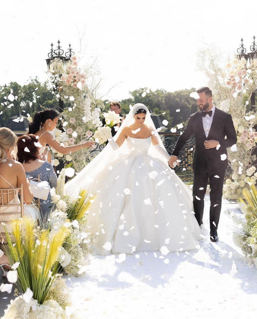 Strapless Satin Ball Gown with Gloves & Veil