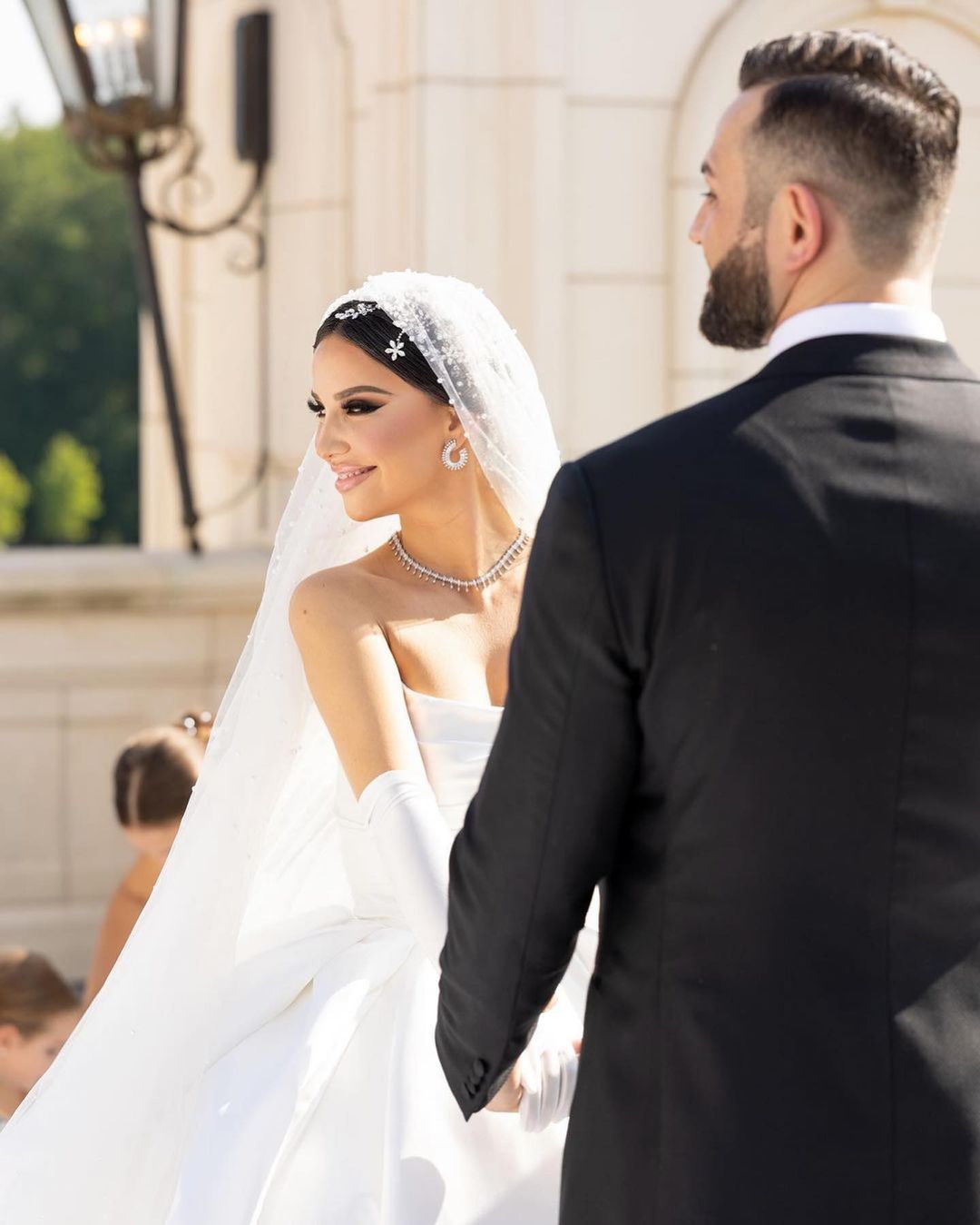 Strapless Satin Ball Gown with Gloves & Veil