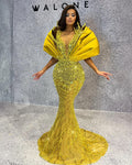Yellow Embellished Dress with Satin Shoulders Details
