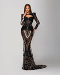 Open Chest Black Embellished Long Dress