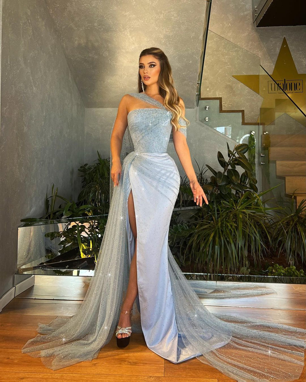 Side Slit Dress with Sparkling Shimmering Tulle Cape