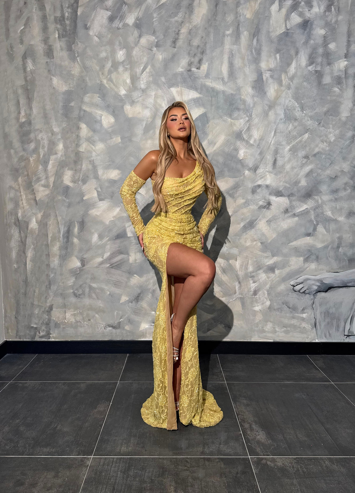 Liora – Yellow Lace Off Shoulder Gown with High Slit