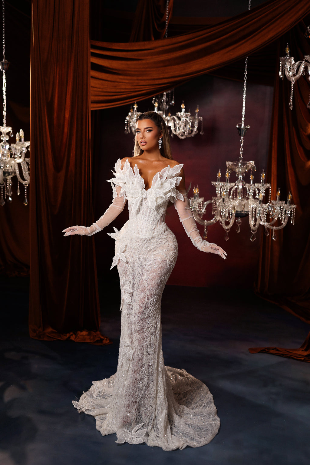 Floral Applique Strapless Bridal Gown with Gloves