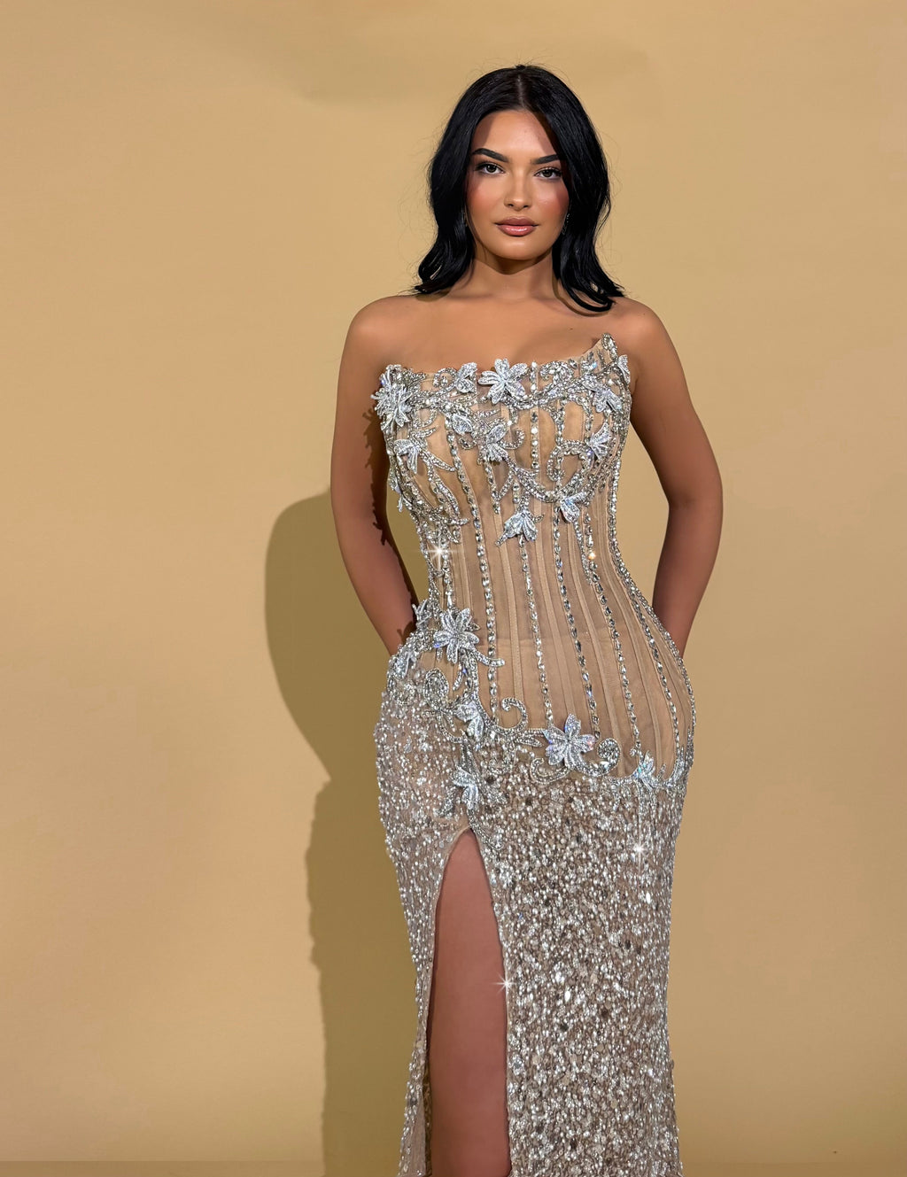Strapless Sequin Gown with 3D Flowers and Slit