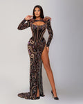 Boned Corset Black Embellished Dress with Side Slit