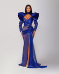 Puff Shoulders Royal Blue Crystal Mesh Dress