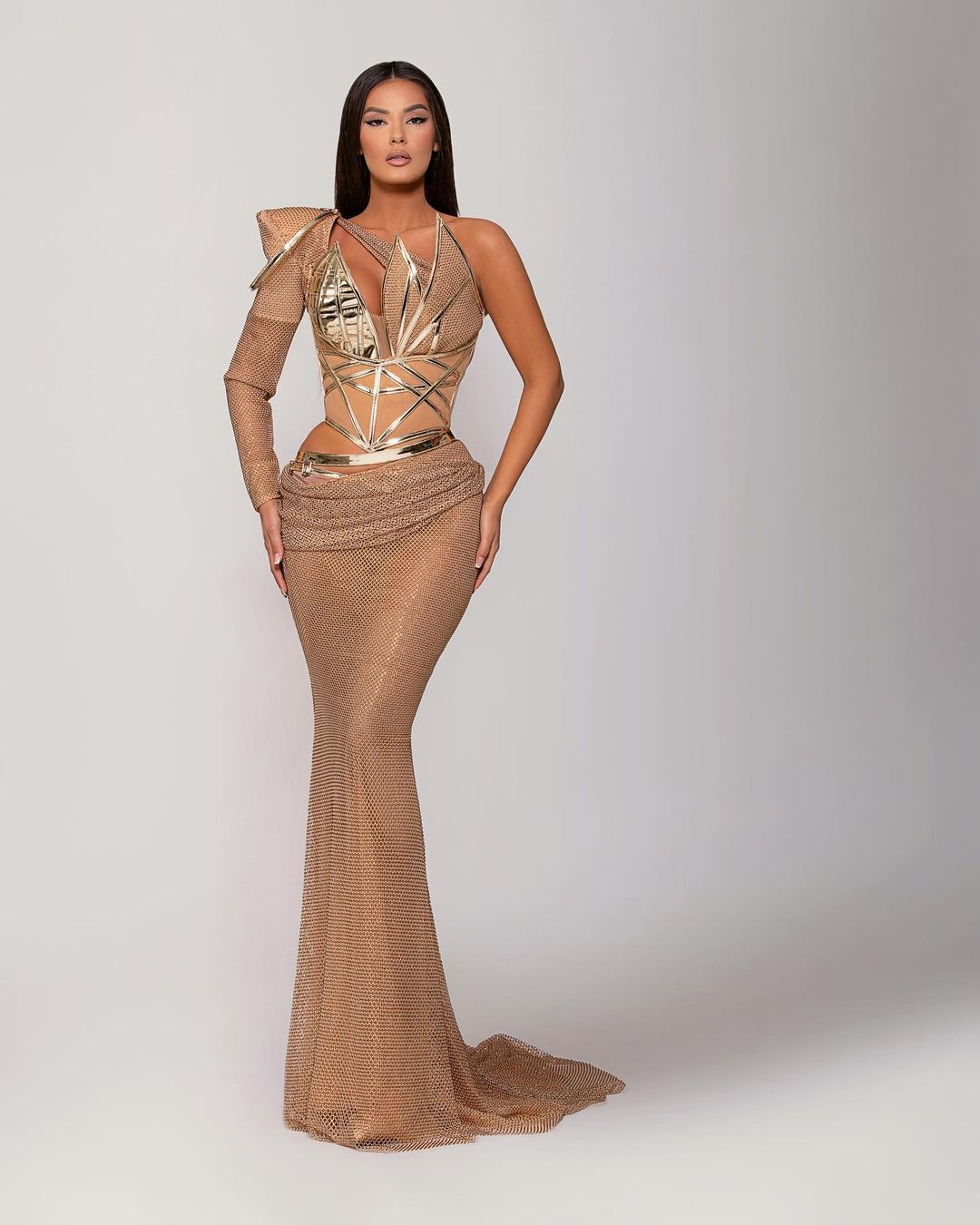 One Shoulder Sleeve Gold Mesh Dress