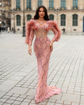 Blush Pink Embroidered Dress with Feathered Sleeves
