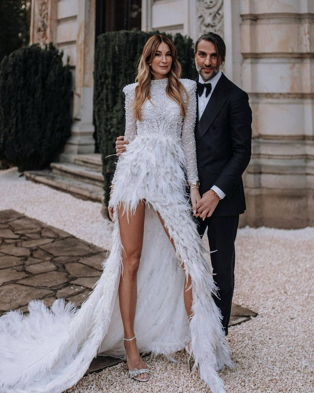 High Neck White Pearl Dress with Feathered Skirt