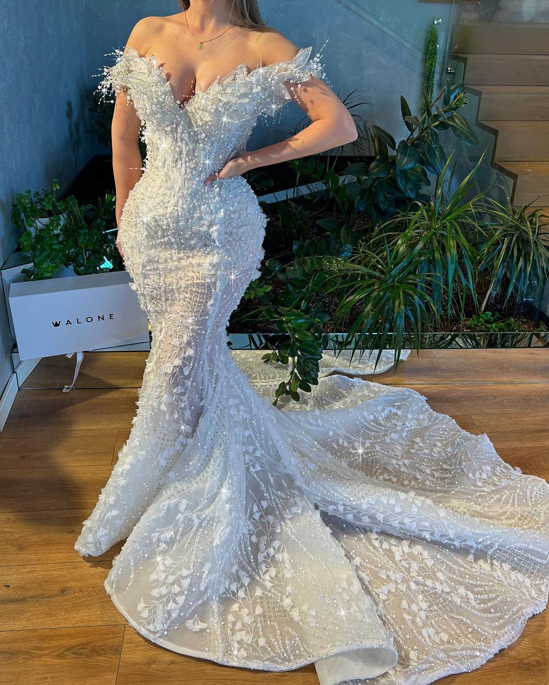 Mermaid Pearl Embroidered Bridal Dress with 3d Leaf Details