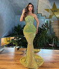 Strapless Pearl Embroidered Lime Green Dress