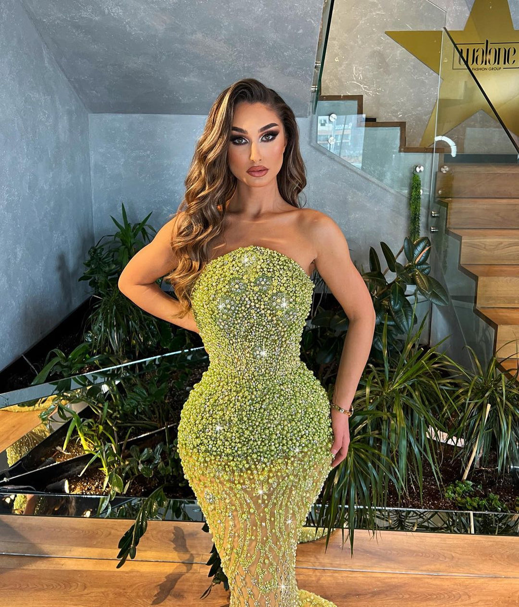 Strapless Pearl Embroidered Lime Green Dress