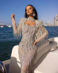 High Neck Silver Fringes Dress with Rhinestones Corset