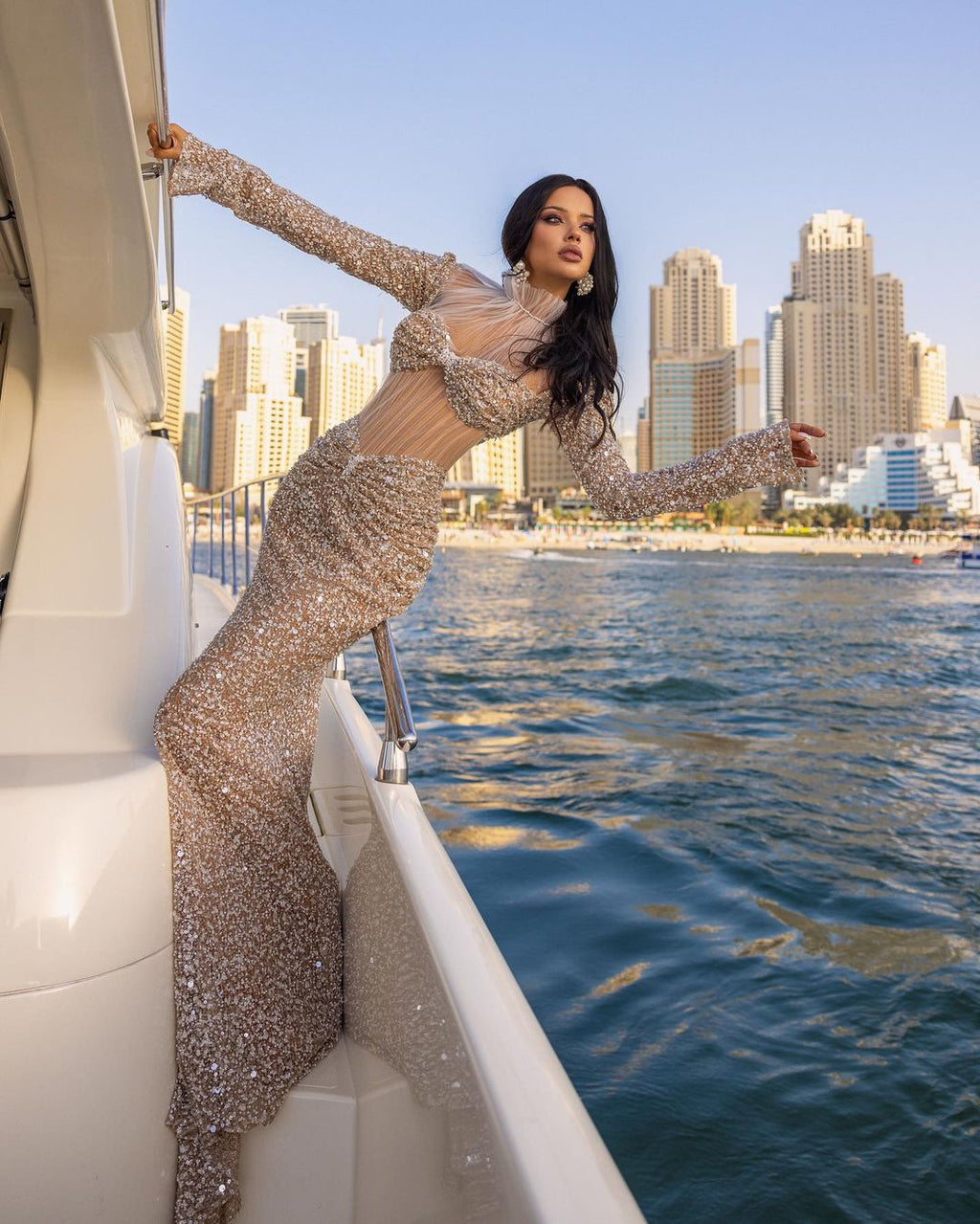 Silver Sequin Dress with Ruffled Tulle High Neck