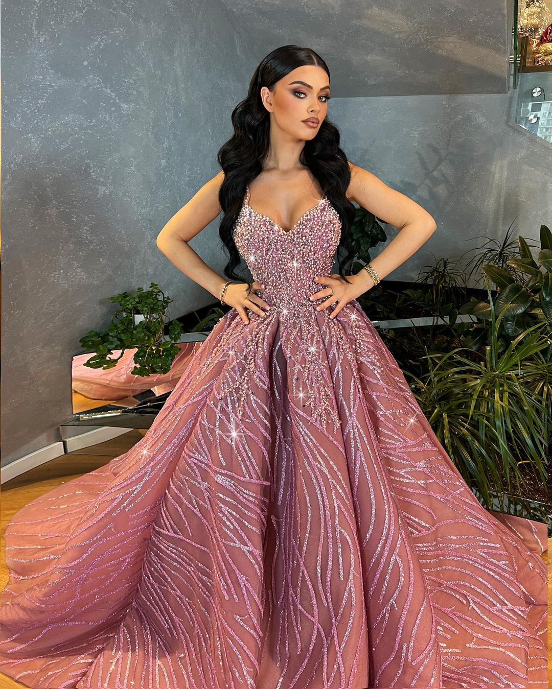 Pink Shimmering Ball Gown with Short Feathered Cape