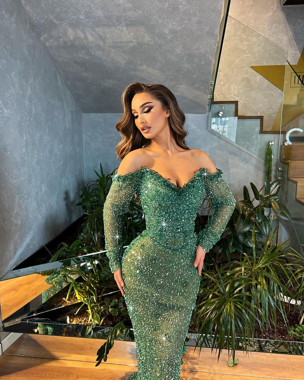 Off Shoulder Sleeves Green Beaded Dress with Feathered Cape