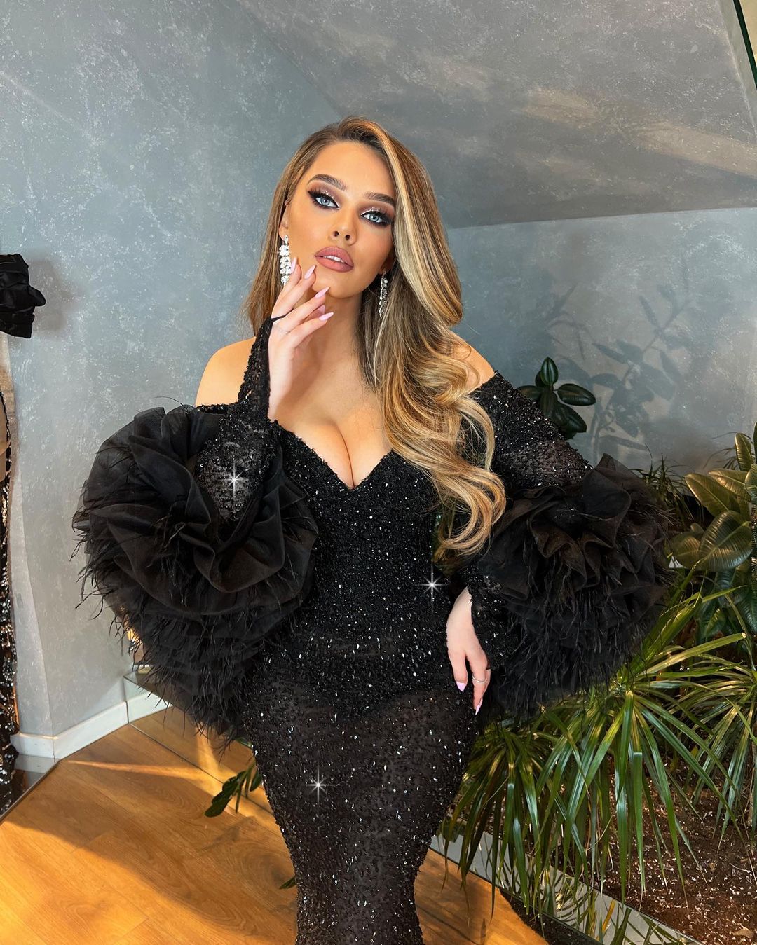 Off Shoulder Sleeves Green Beaded Dress with Feathered Cape