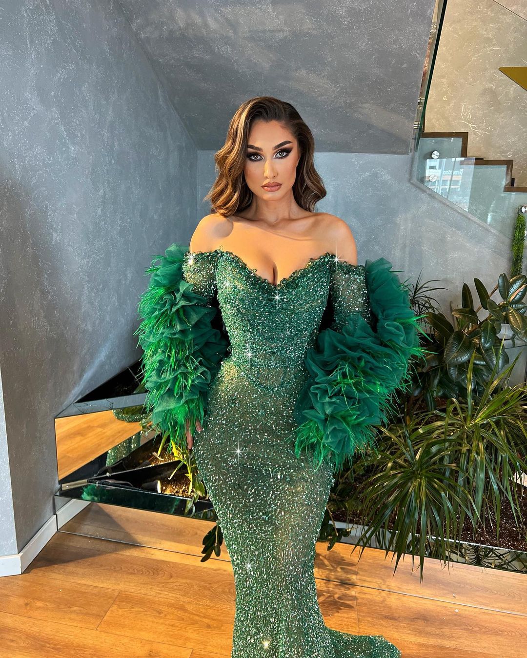 Off Shoulder Sleeves Green Beaded Dress with Feathered Cape