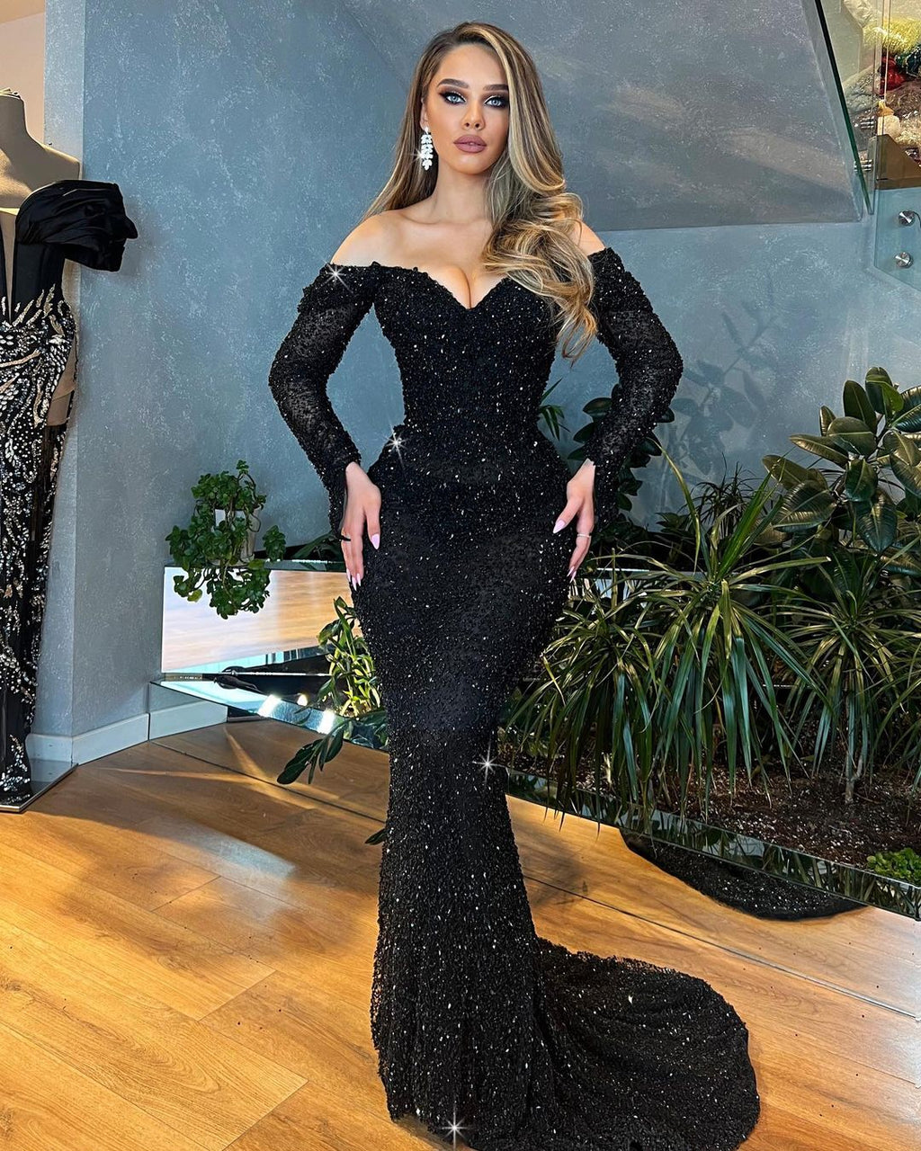 Off Shoulder Sleeves Green Beaded Dress with Feathered Cape
