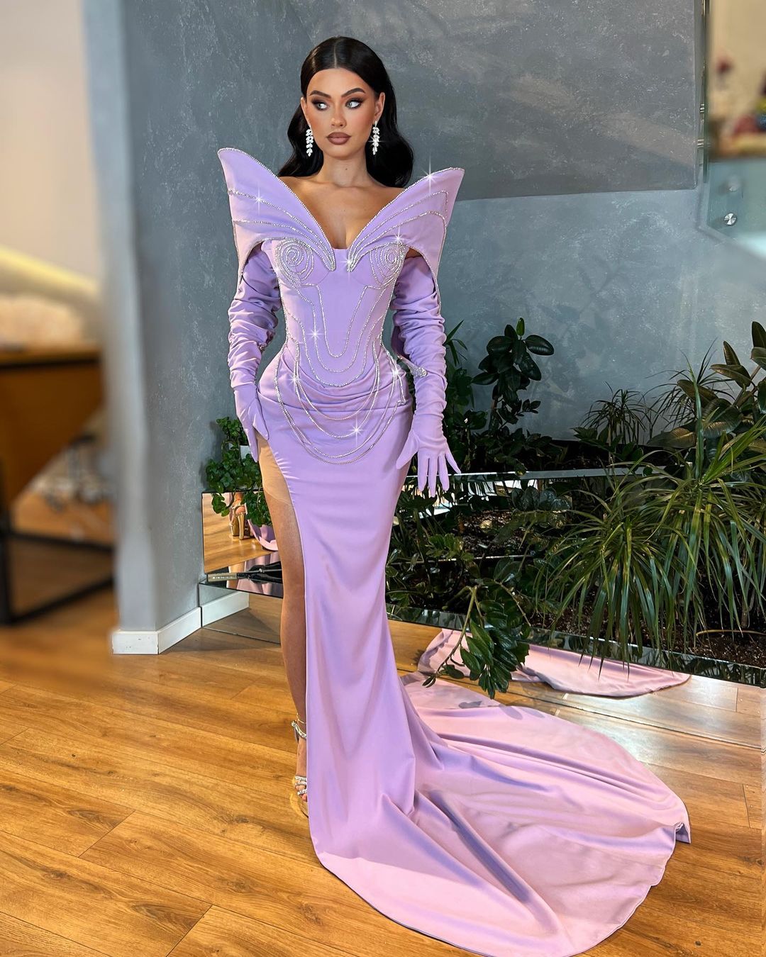 Lavender Dress with Embroidered Rhinestone Chains