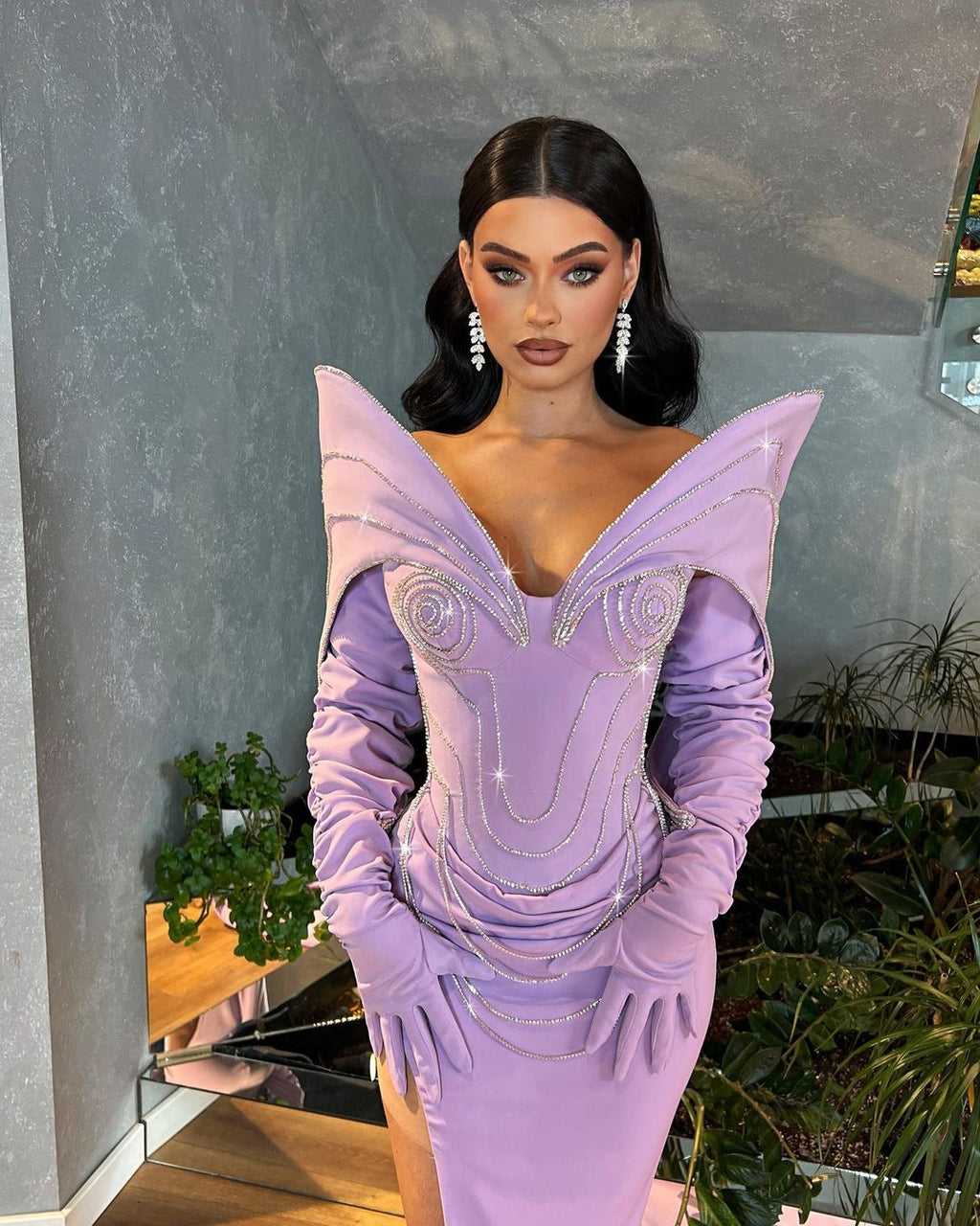 Lavender Dress with Embroidered Rhinestone Chains