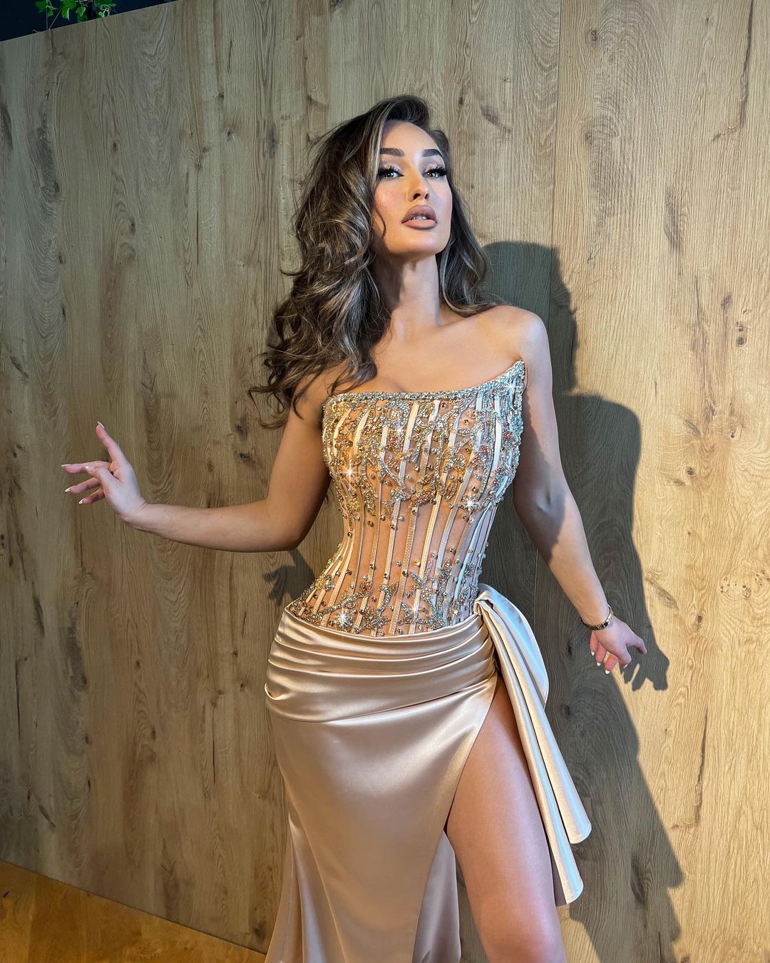 Beige Satin Dress with Asymmetrical Embroidered Corset