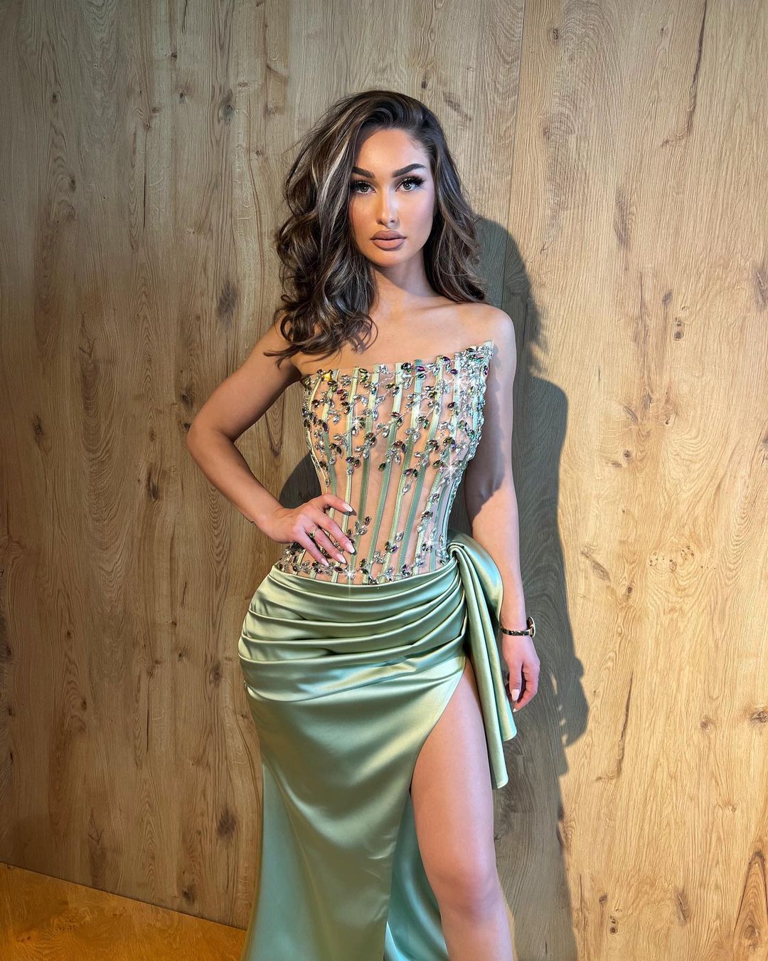 SAGE SATIN DRESS WITH ASYMMETRICAL EMBROIDERED CORSET