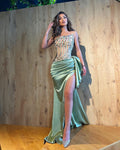 SAGE SATIN DRESS WITH ASYMMETRICAL EMBROIDERED CORSET