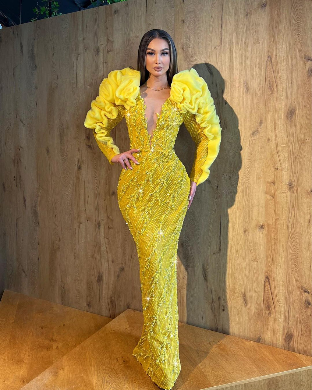 Yellow Embroidered Dress with Layered Tulle Sleeves