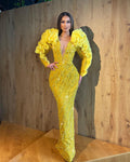 Yellow Embroidered Dress with Layered Tulle Sleeves