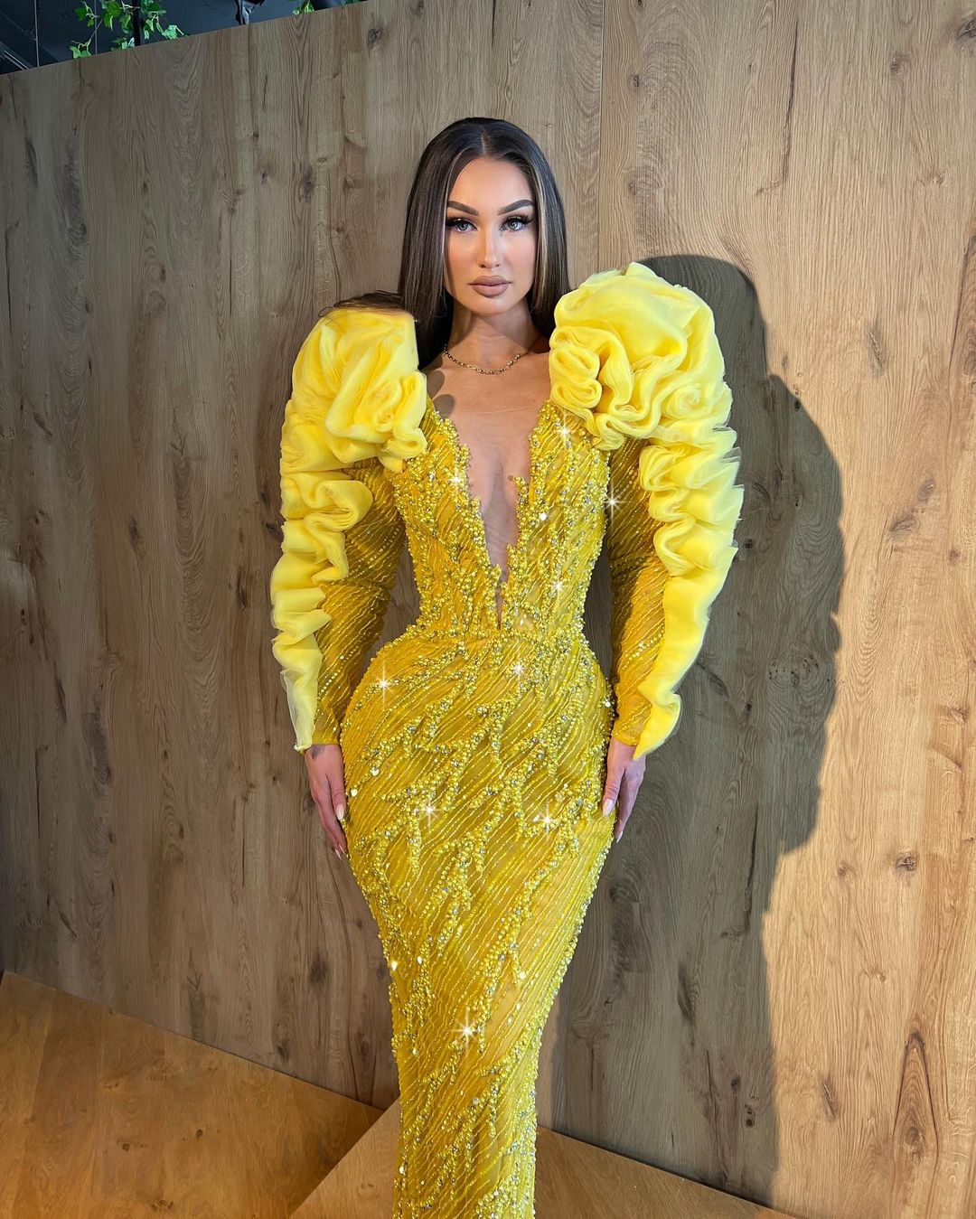 Yellow Embroidered Dress with Layered Tulle Sleeves