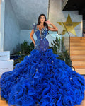 MERMAID ROYAL BLUE GOWN WITH LAYERED TULLE TRAIN