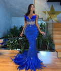 Royal Blue Beaded Dress with Feathered Neckline & Train