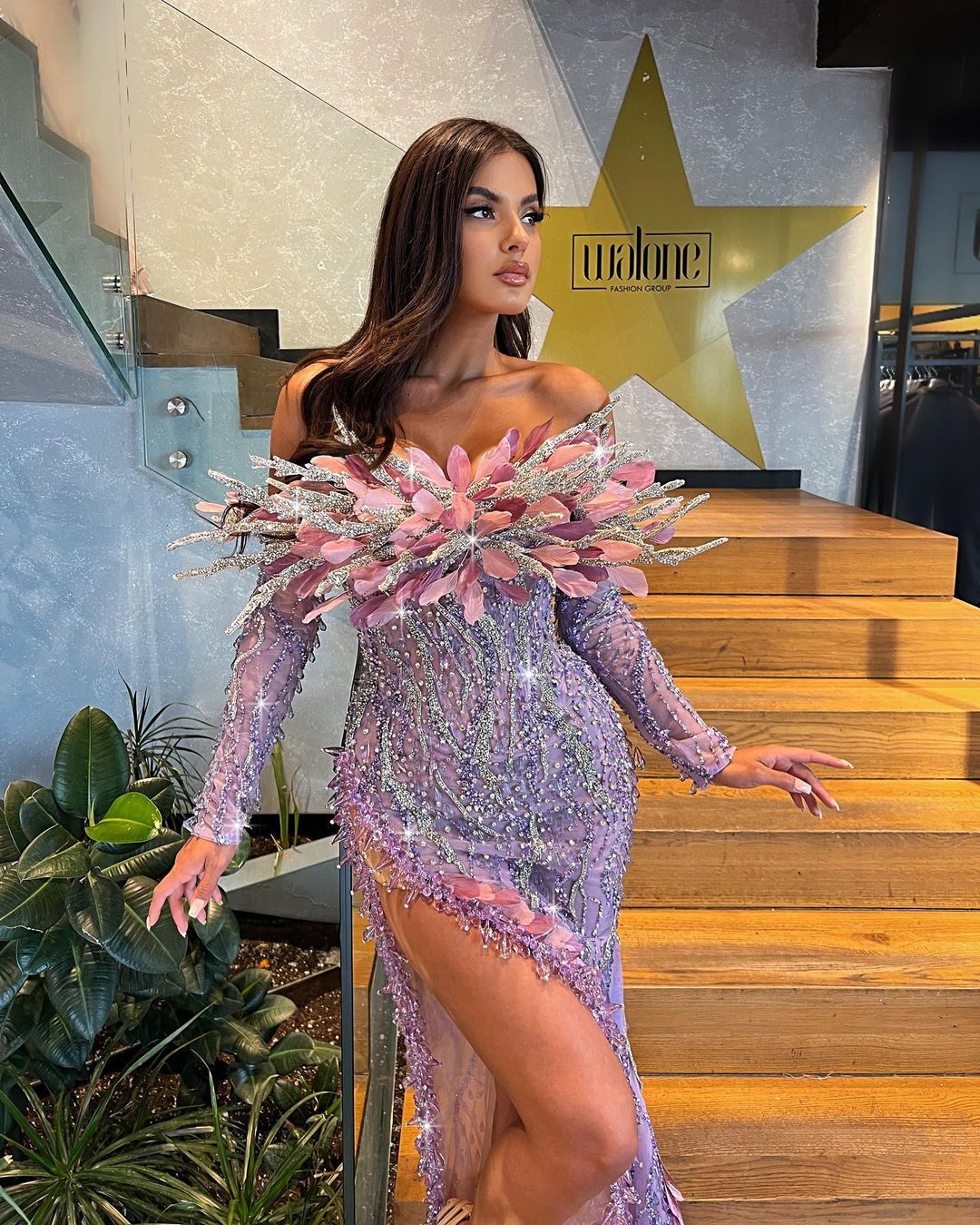 LAVENDER CRYSTAL DRESS WITH FEATHERED NECKLINE
