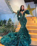Green Embellished Dress with Layered Tulle Train