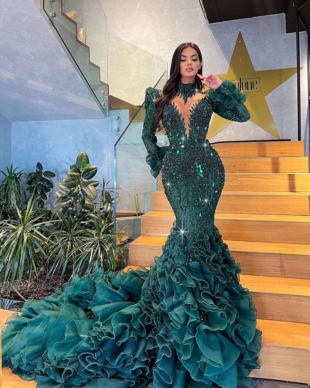 Green Embellished Dress with Layered Tulle Train