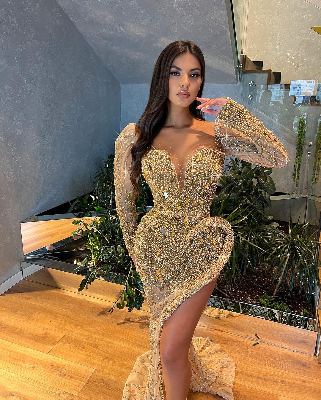 Sweetheart Neckline Gold Embellished Dress with Side Slit
