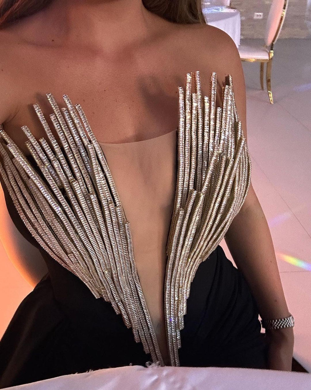 Side Slit Black Dress with Silver Embellished Sticks