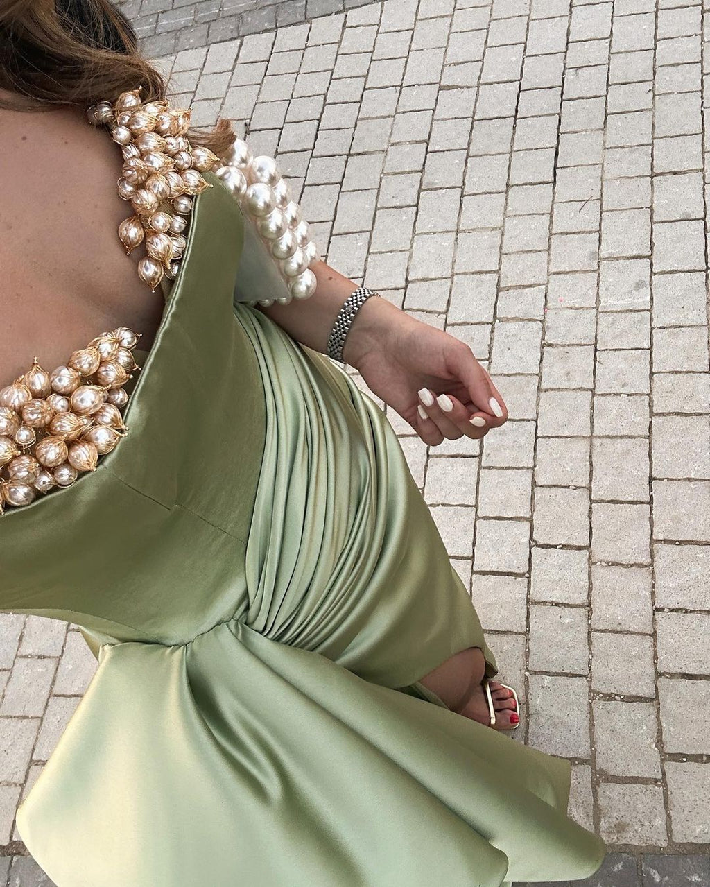 Long Pistachio Satin Dress with Pearl Details & Side Train