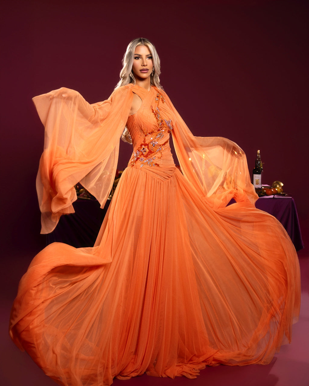 Halter Embellished Orange Gown